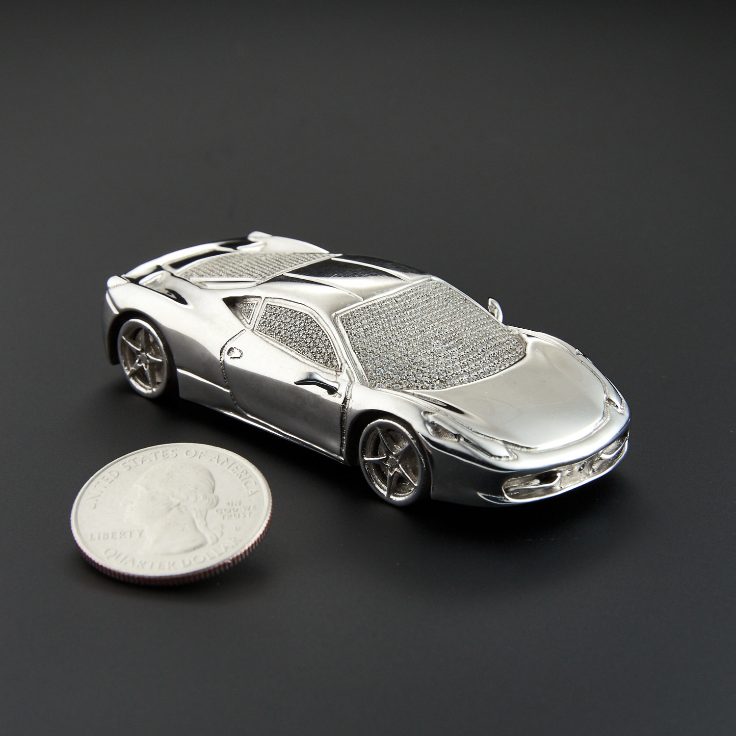 Ferrari 458 Italia 80mm Hand Made Scale Model With Partially Diamond Pave Sterling Silver Or 14k Solid Gold